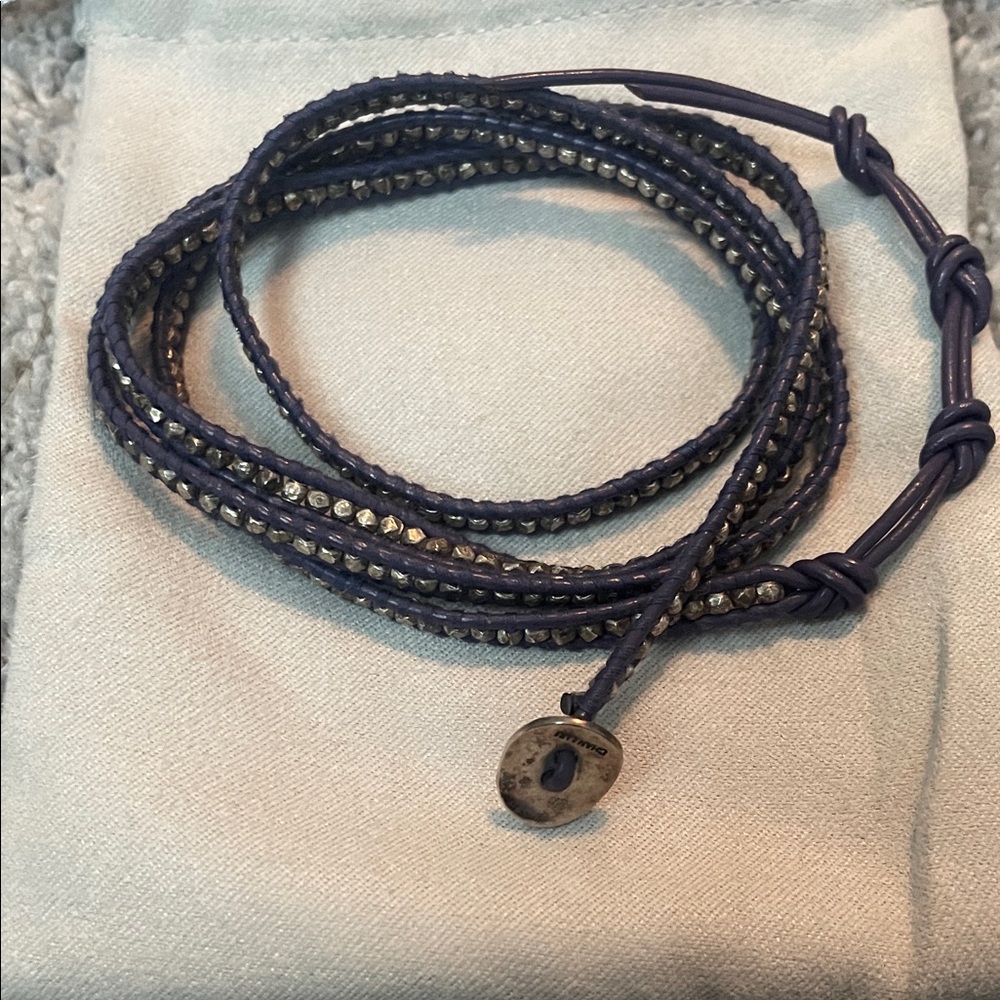 Chan Luu Purple leather & sterling silver beaded  Wrap Bracelet EUC